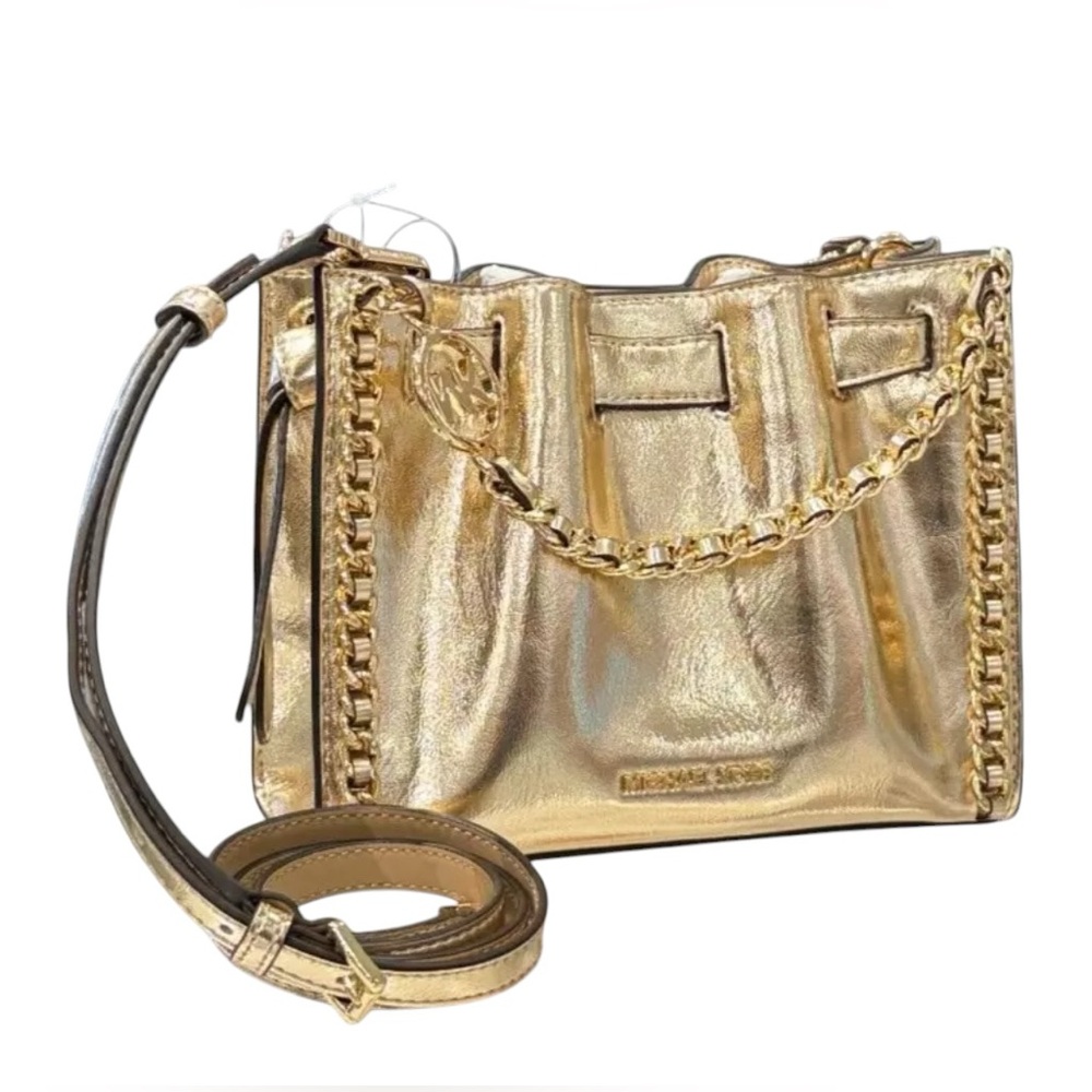 Michael Kors Mina Small Belted Chain Shoulder Crossbody Bag Pale Gold - Picture 3 of 11